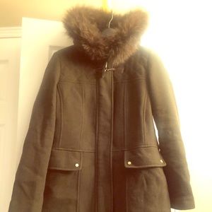Ellen Tracy Olive Toggle Coat with Fox Fur Trim